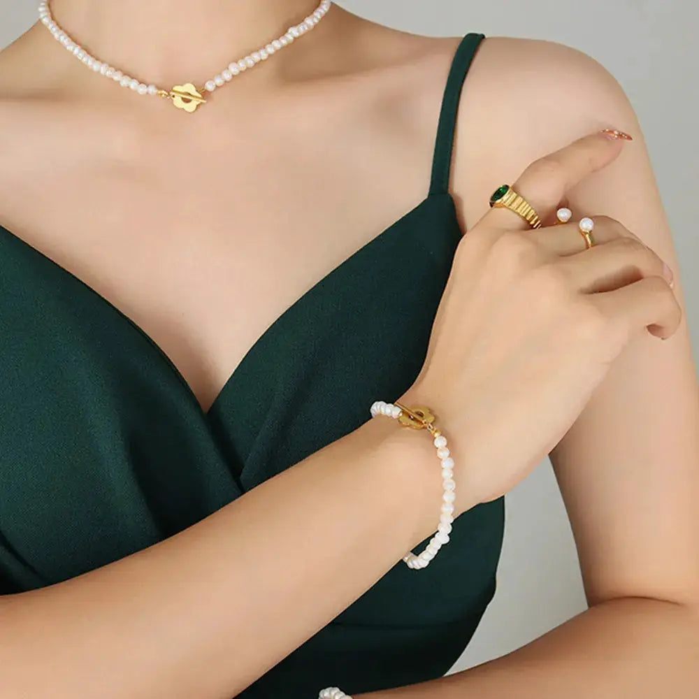 Titanium Steel Pearl Flower Bracelet by Trendsi