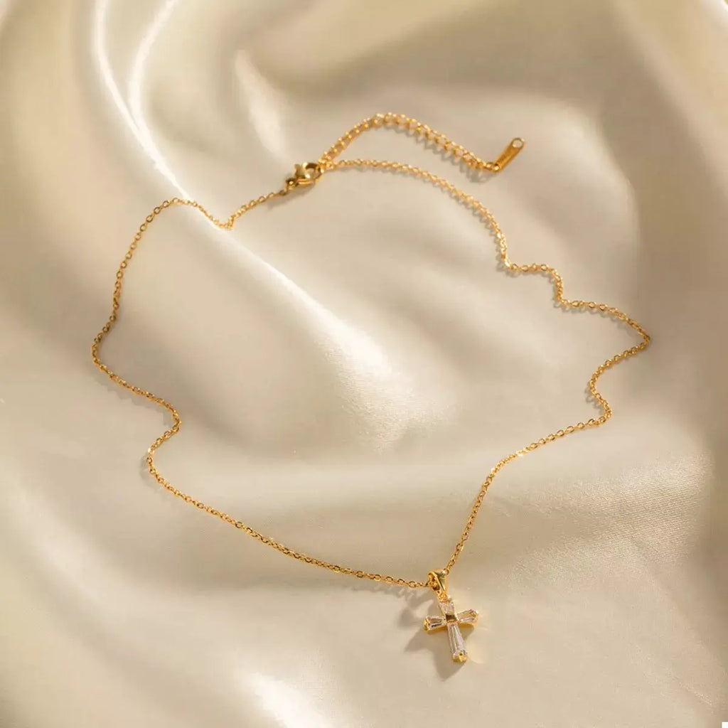 18K Gold-Plated Stainless Steel Zircon Cross Necklace by Trendsi