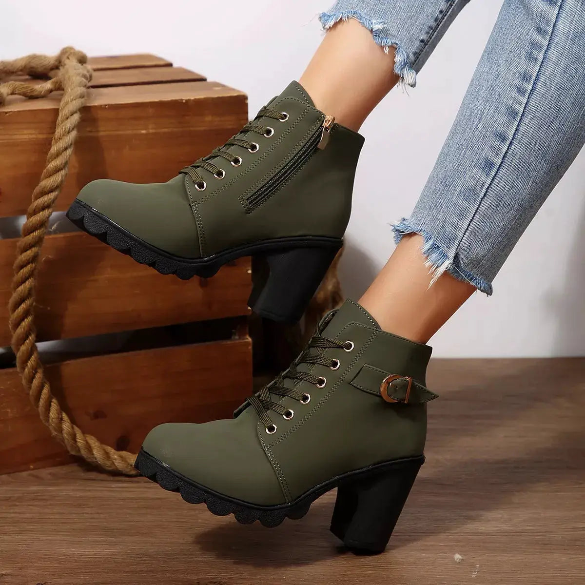 Lace-Up Buckle Chunky Heel Ankle Boots by Trendsi