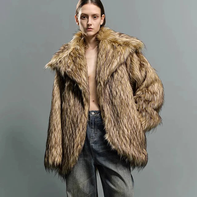 Men and women general purpose big lapel fur coat imitation raccoon fur thickened medium long coat casual warmth