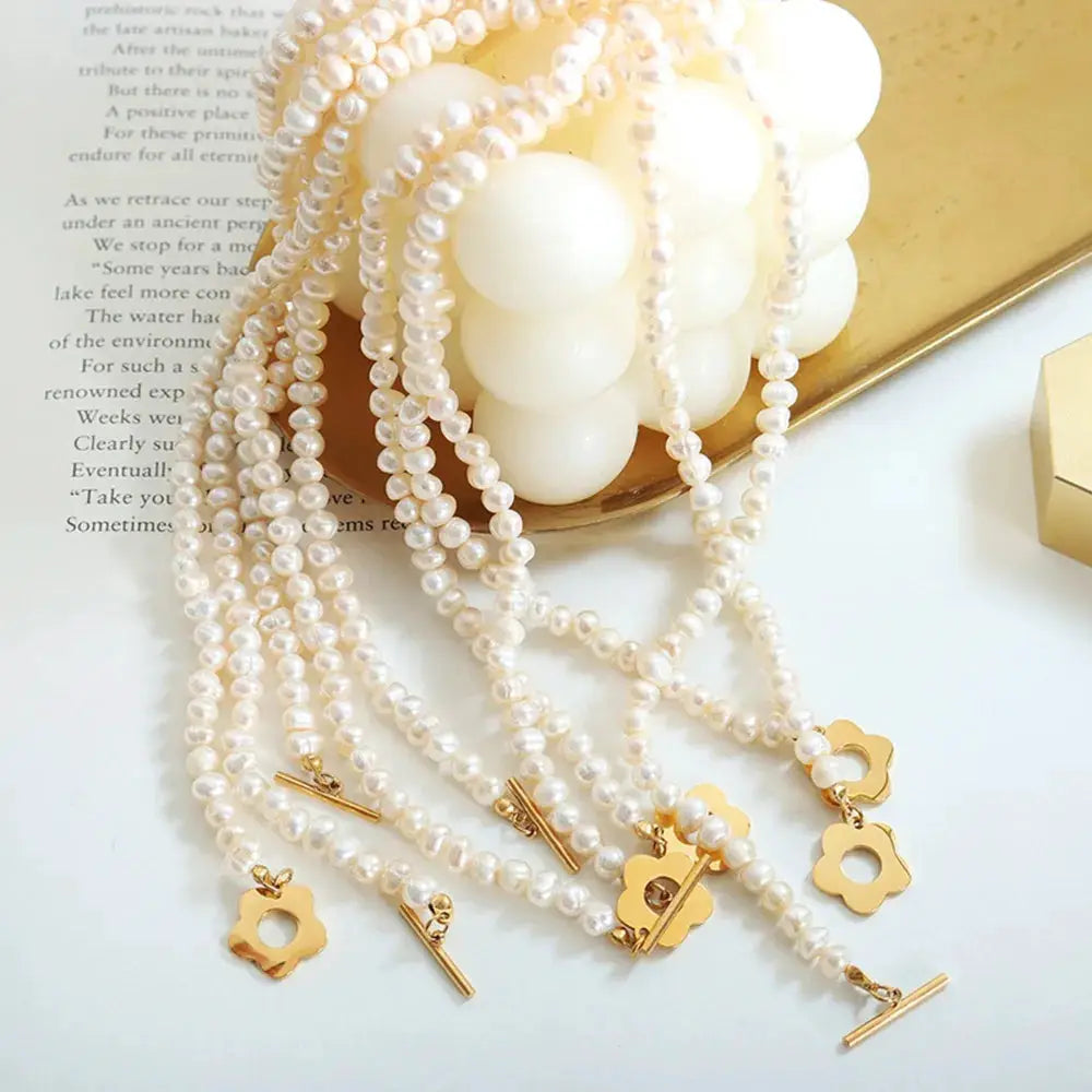 Titanium Steel Pearl Flower Necklace by Trendsi