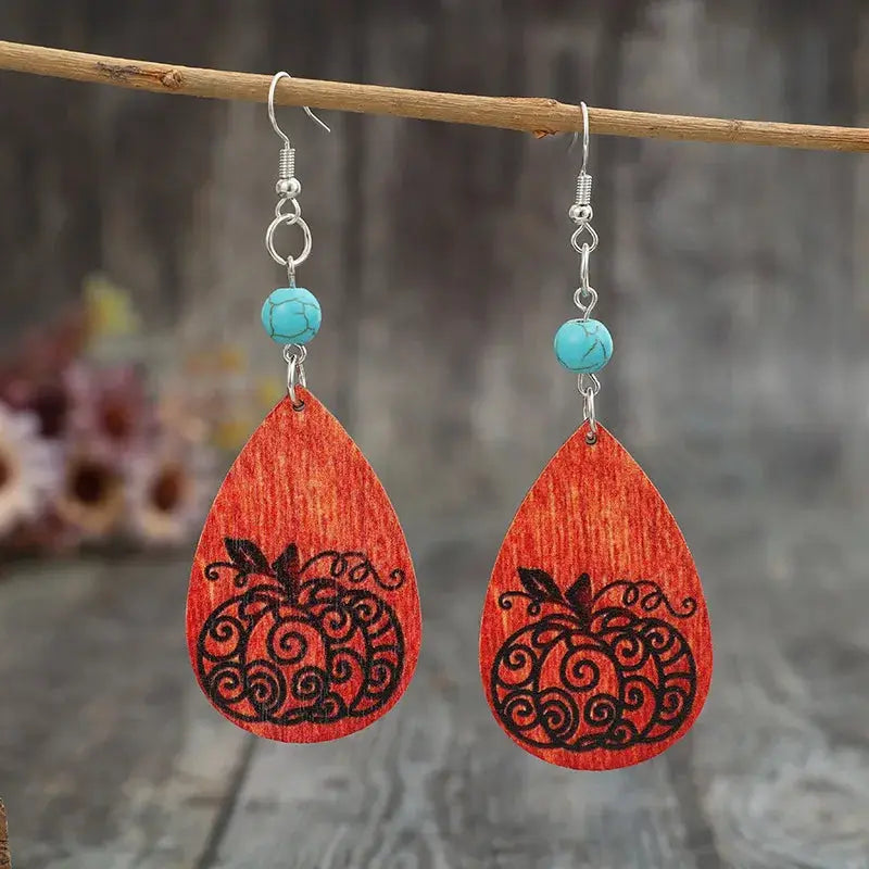 Turquoise Wooden Pumpkin Teardrop Earrings by Trendsi