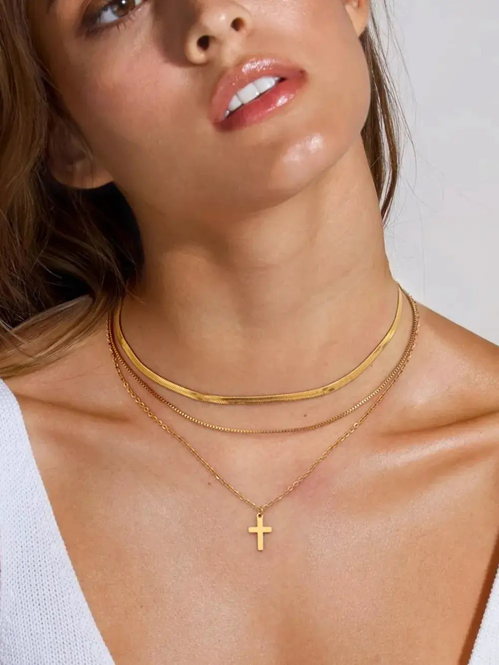 18K Gold-Plated Three-Layered Cross Necklace by Trendsi