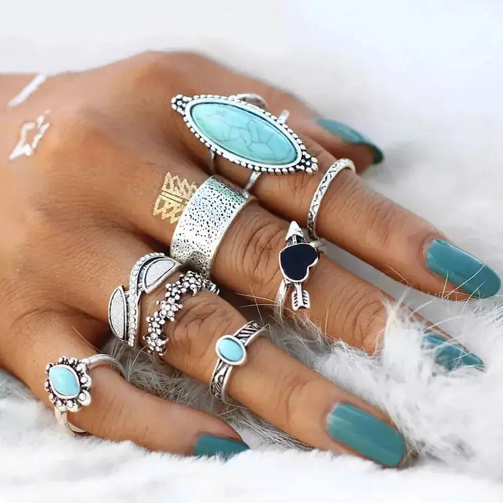 Turquoise Alloy 8-Piece Ring Set by Trendsi