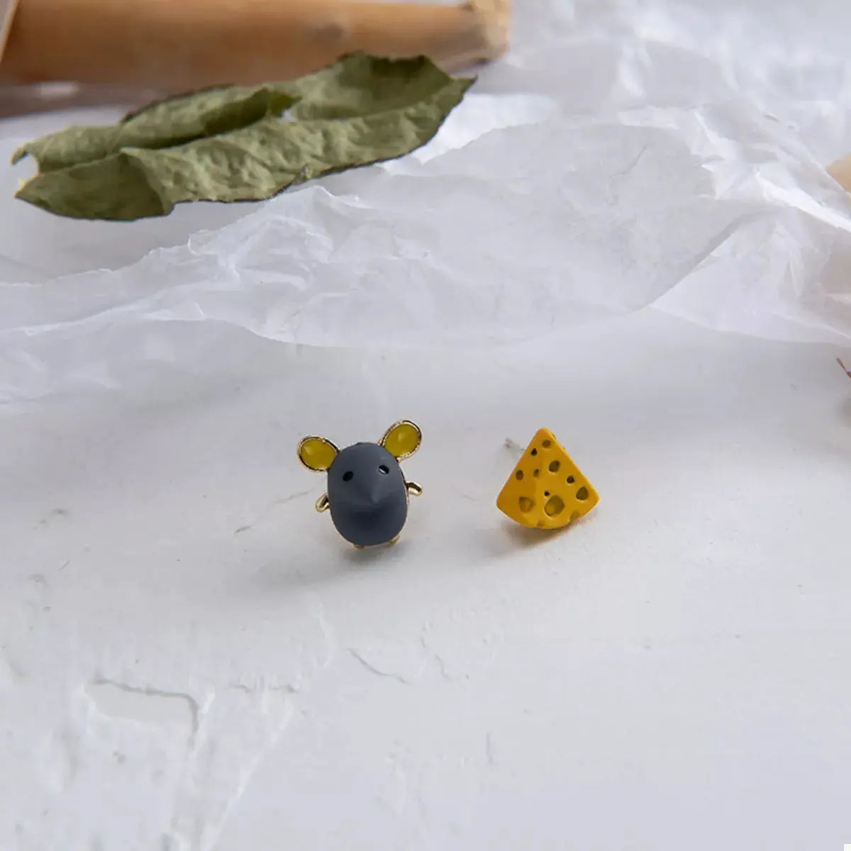 Asymmetrical Mouse & Cheese Stud Earrings by Trendsi