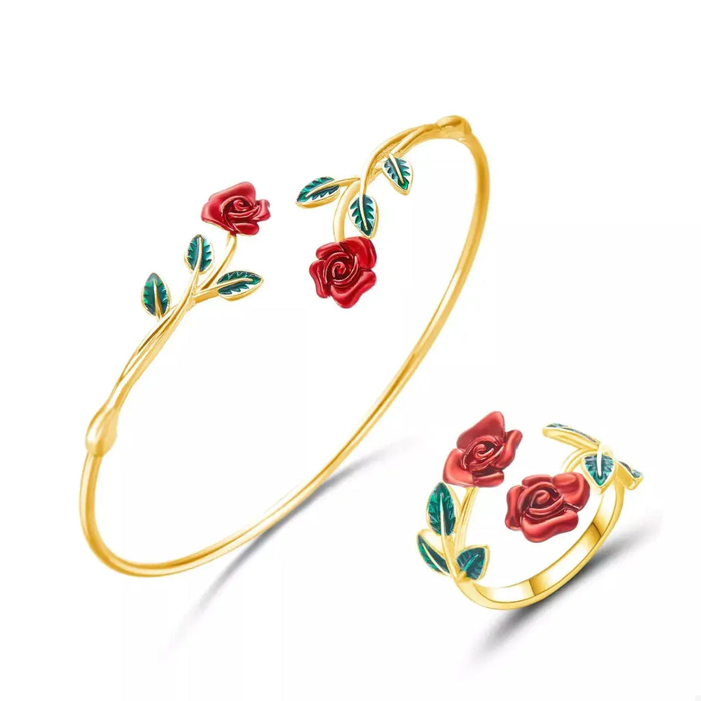 Rose Bypass Ring and Bracelet Jewelry Set by Trendsi