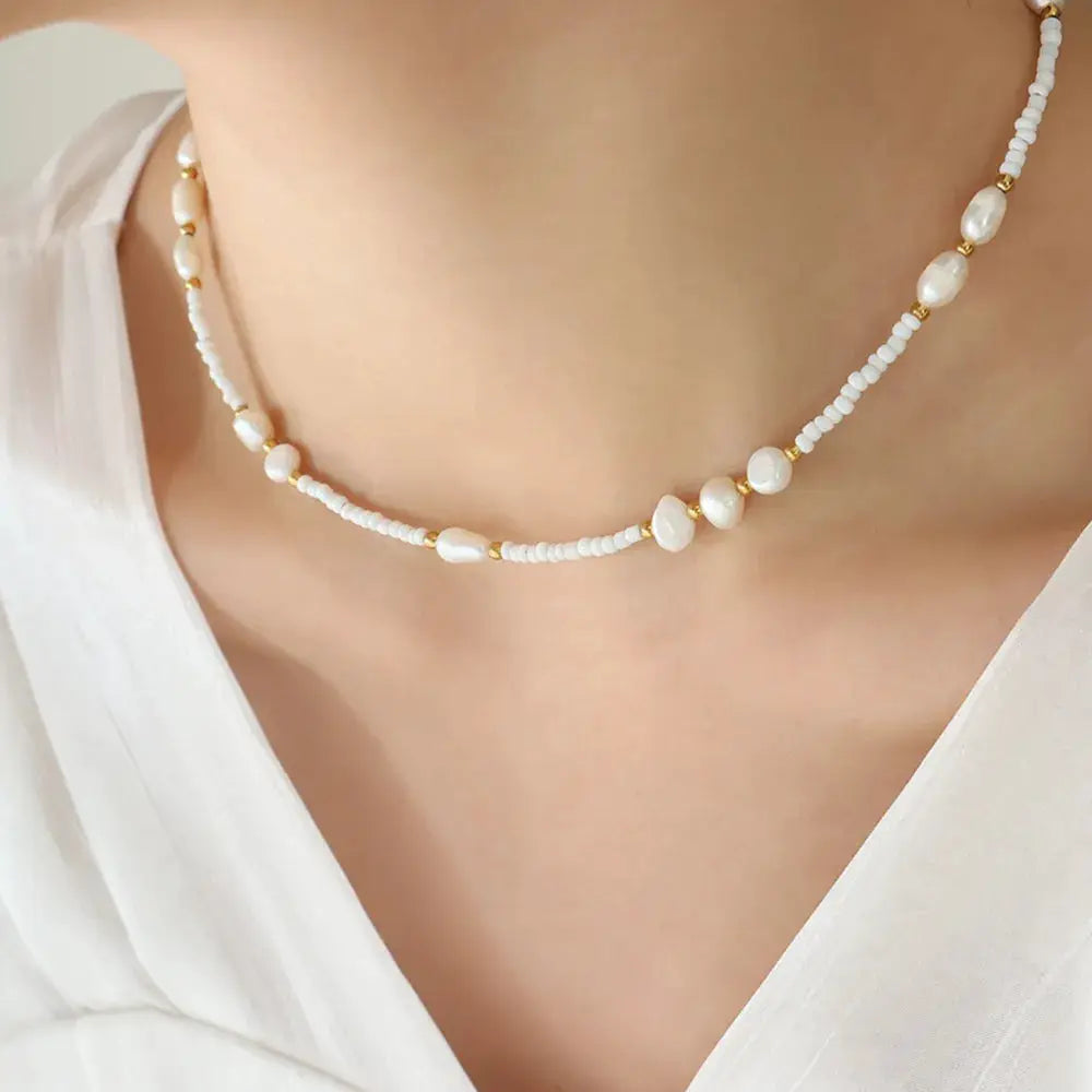 Titanium Steel Glass Bead Pearl Necklace by Trendsi