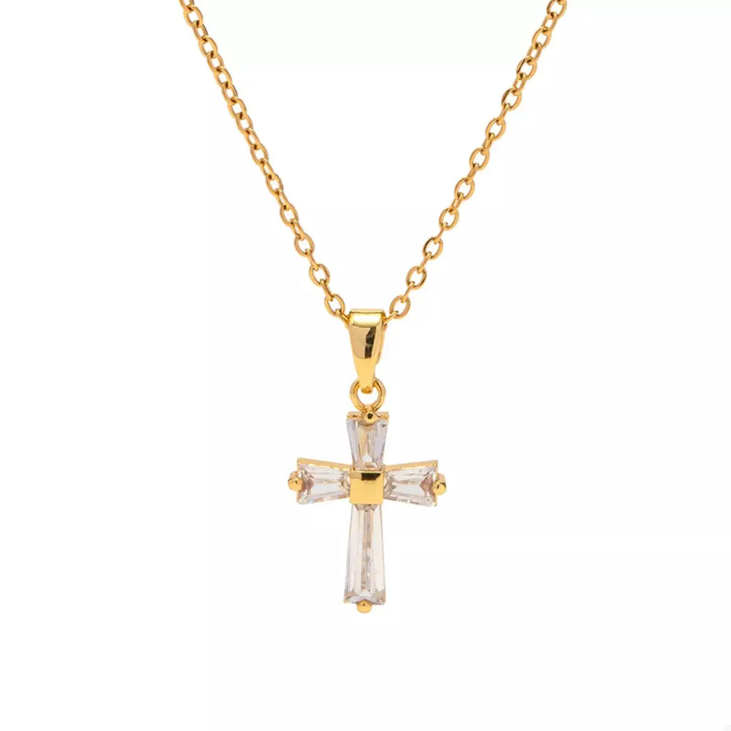 18K Gold-Plated Stainless Steel Zircon Cross Necklace by Trendsi