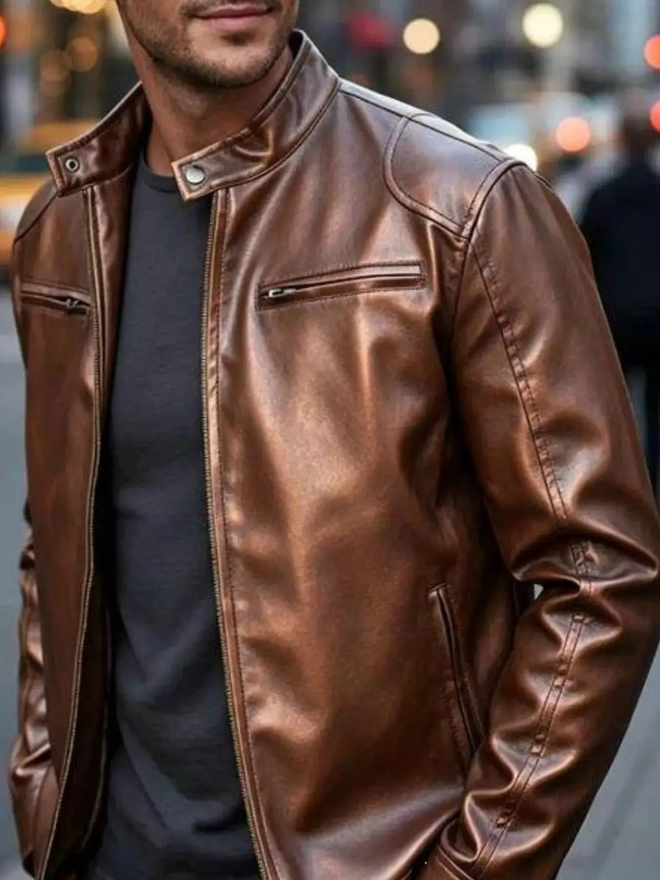 Men's Full Size Faux Leather Bomber Jacket with Zipper Pockets Plus Size by Trendsi