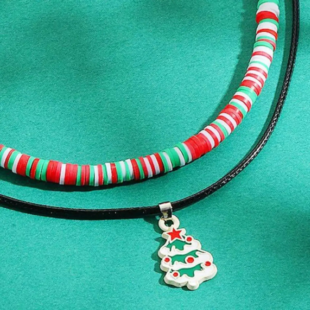 Colorful Double Layered Necklace with Christmas Tree Pendant by Trendsi