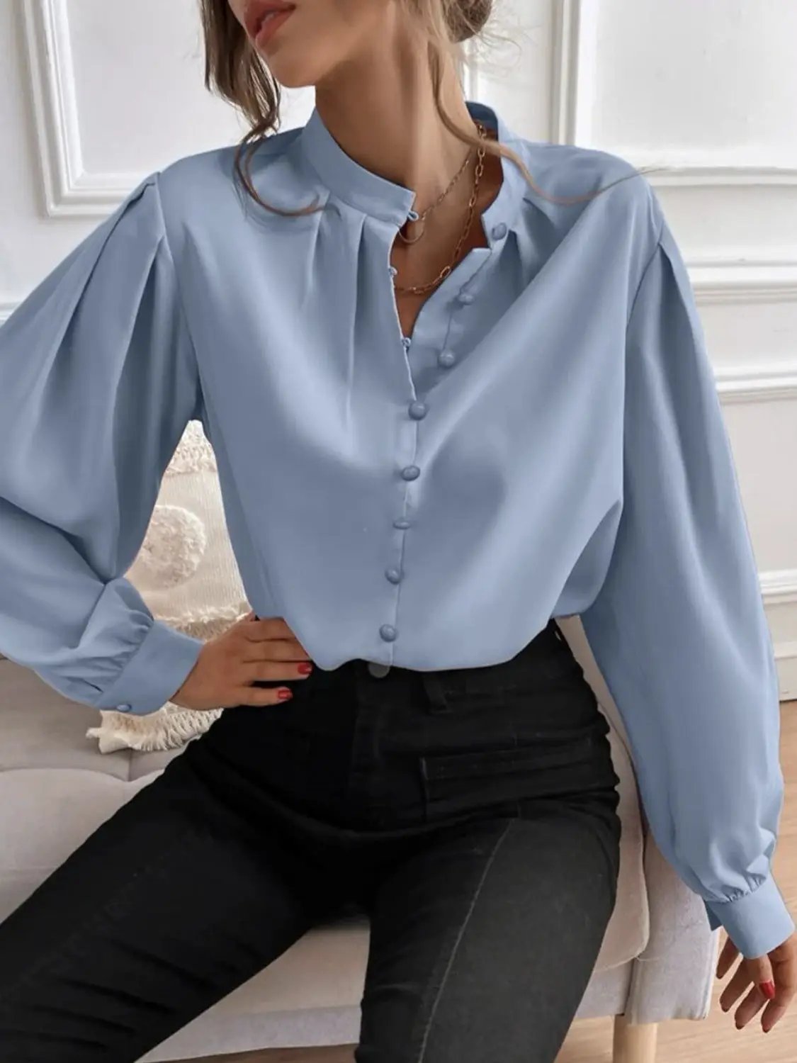 Mock Neck Button Front Shirt by Trendsi