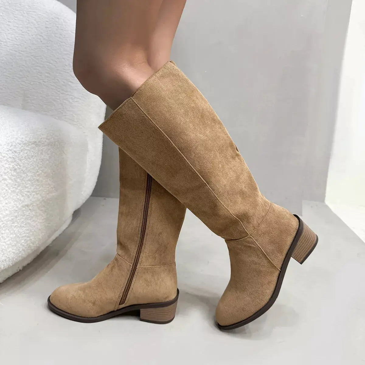 Side Zipper Closure Suede Knee-High Boots by Trendsi