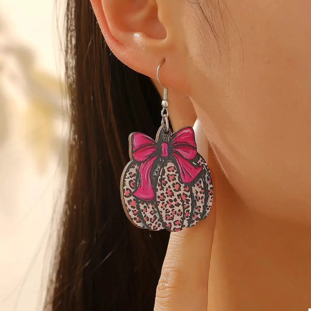 Halloween Pumpkin Leopard Print Bow Earrings by Trendsi