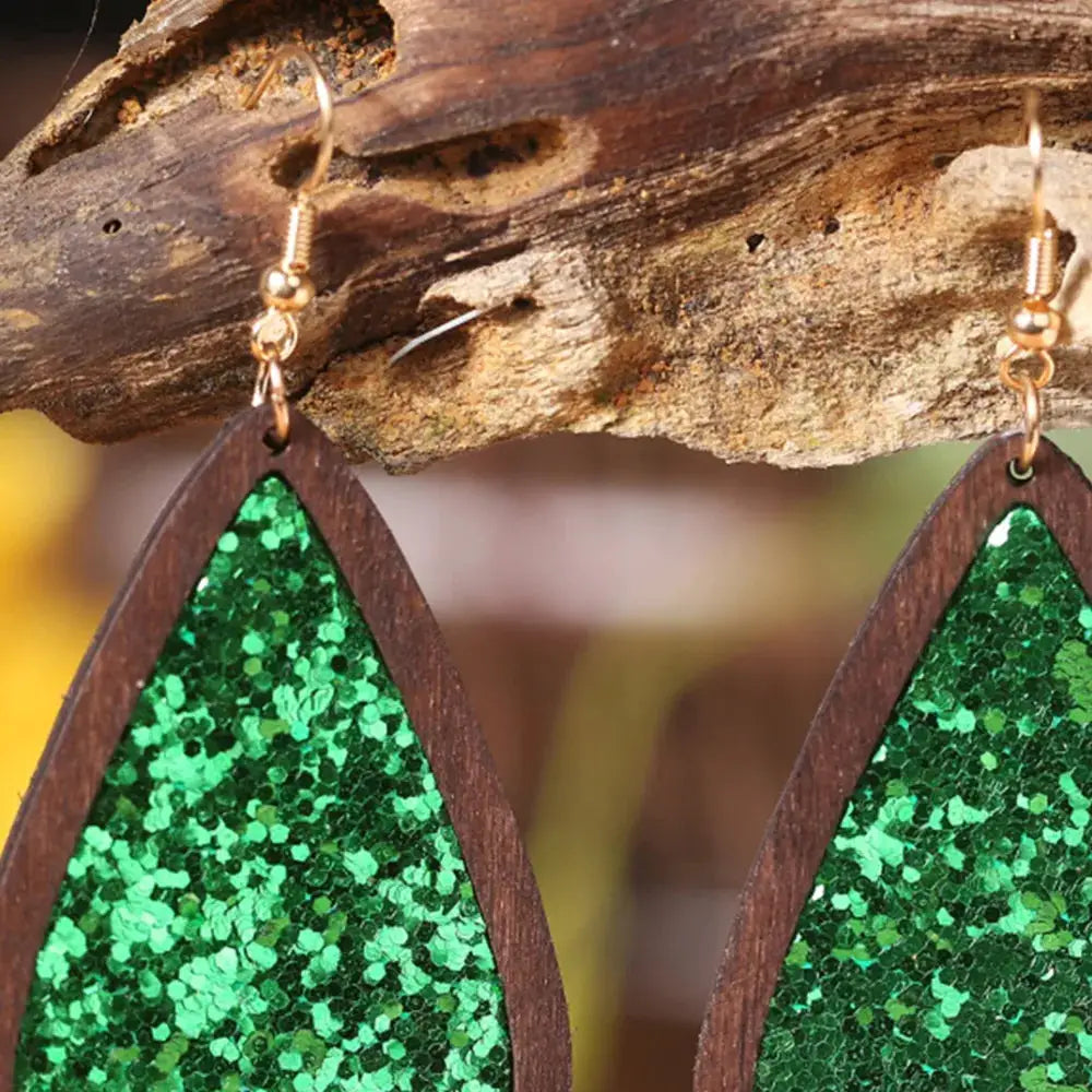 Sequin Wood Teardrop Earrings by Trendsi