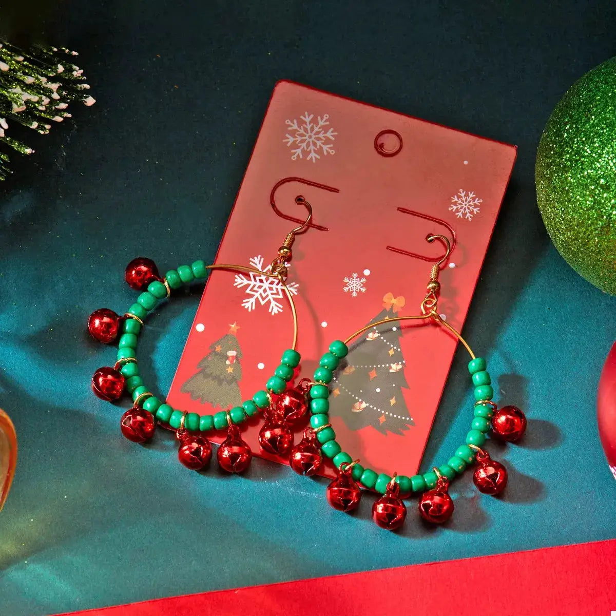 Christmas Beaded Hoop Earrings with Jingle Bells by Trendsi