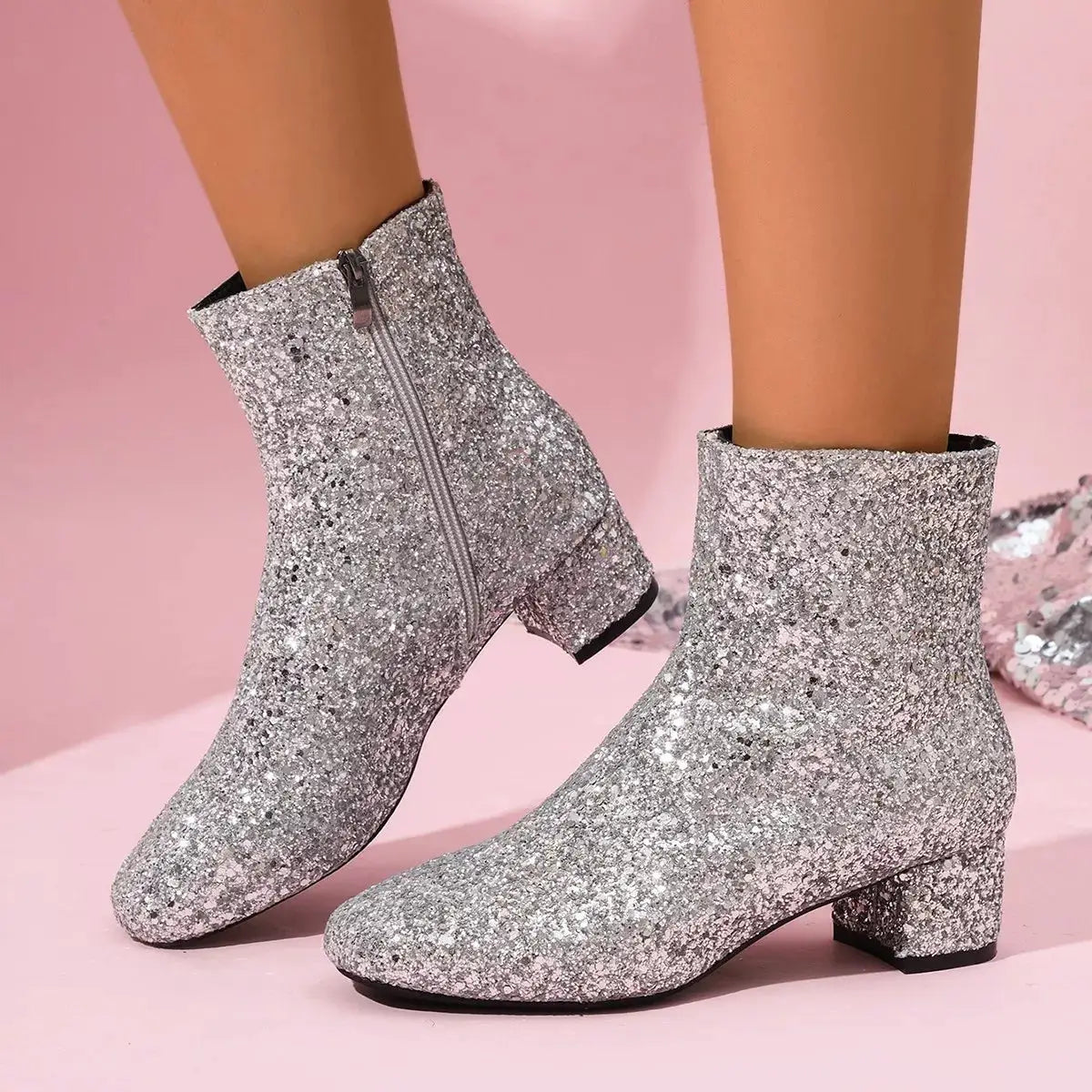 Sequin Round Toe Block Heels Boots by Trendsi