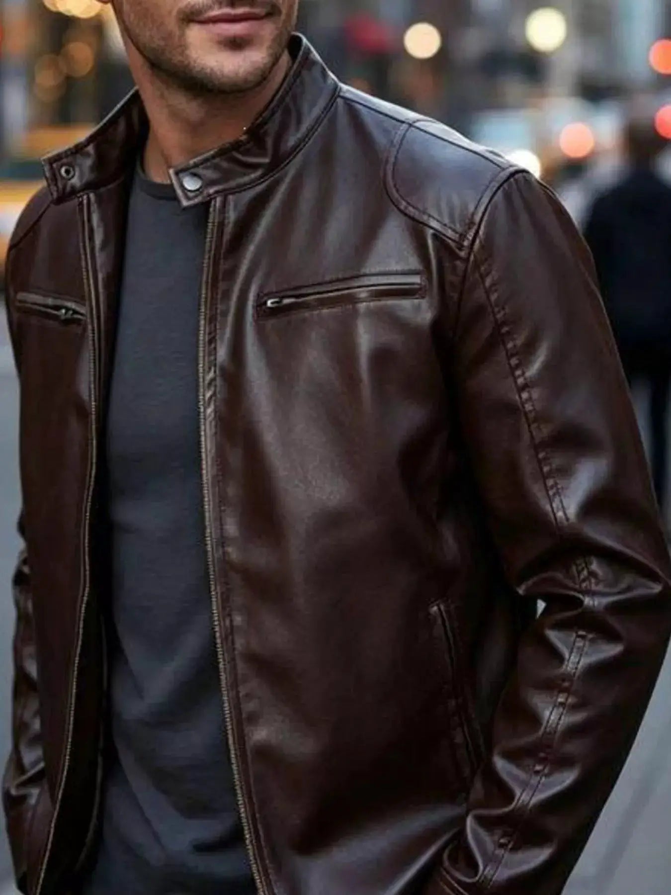 Men's Full Size Faux Leather Bomber Jacket with Zipper Pockets Plus Size by Trendsi
