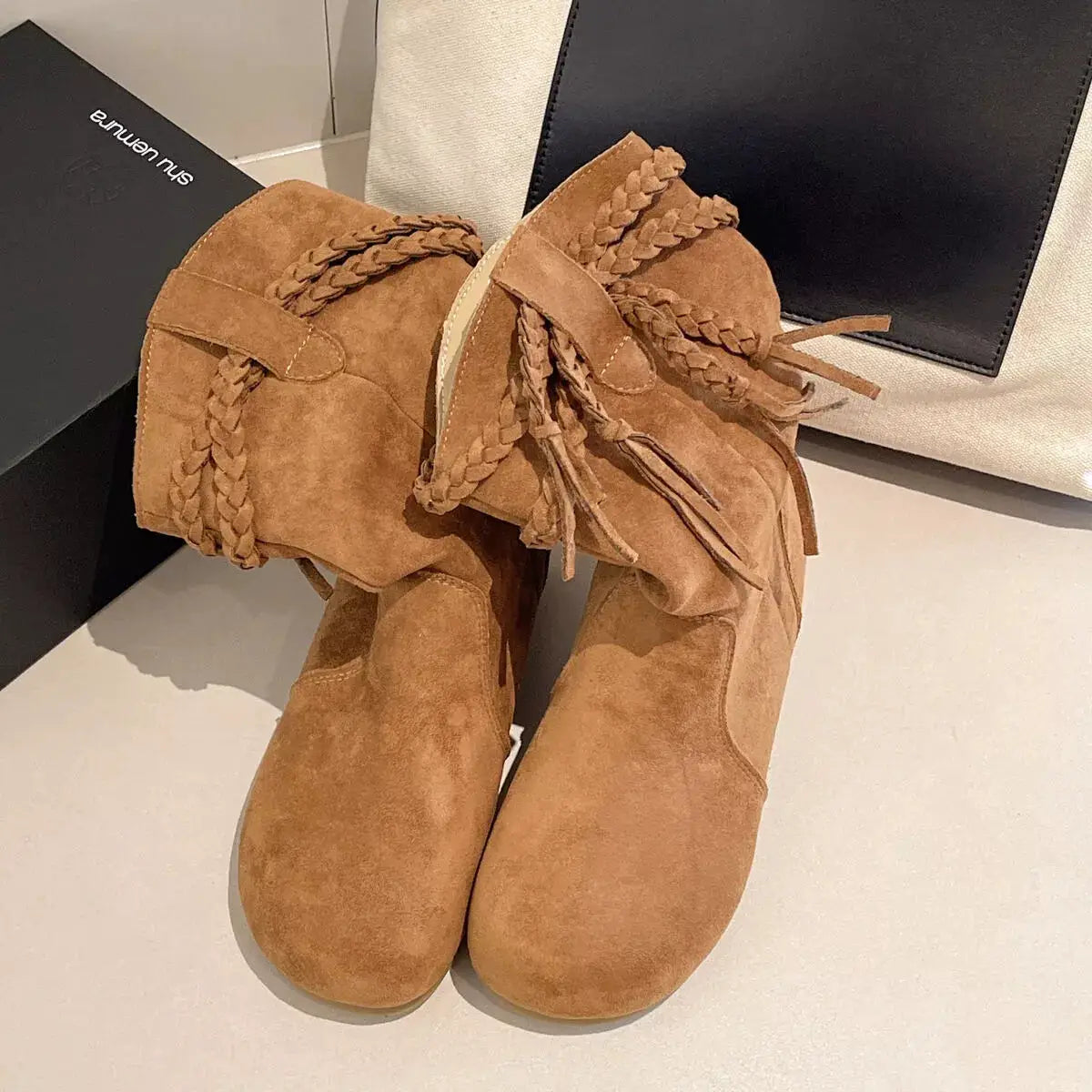 Suede Fringe Round Toe Boots by Trendsi