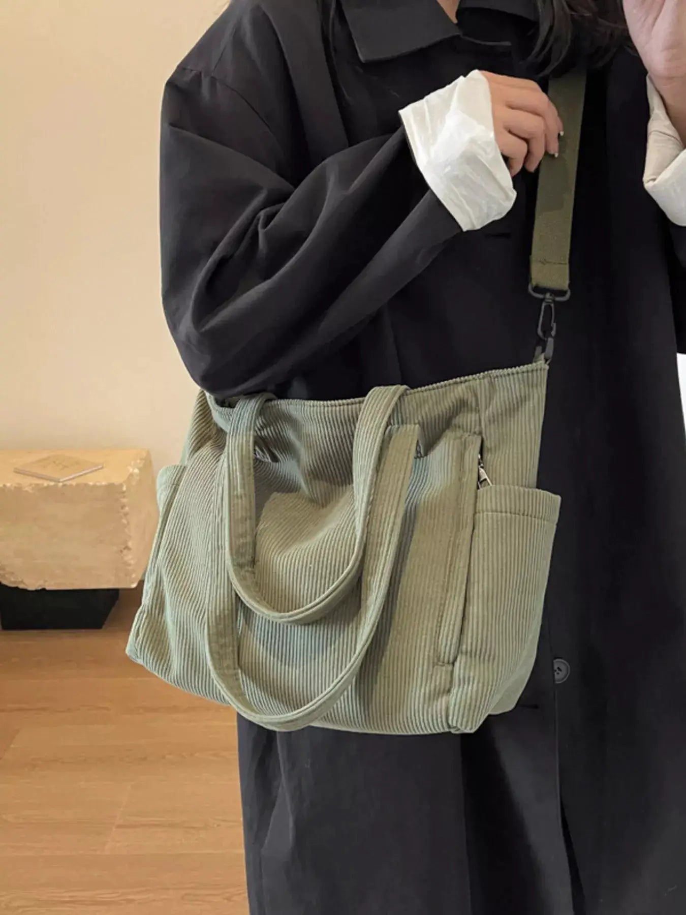 Corduroy Solid Color Handbag by Trendsi