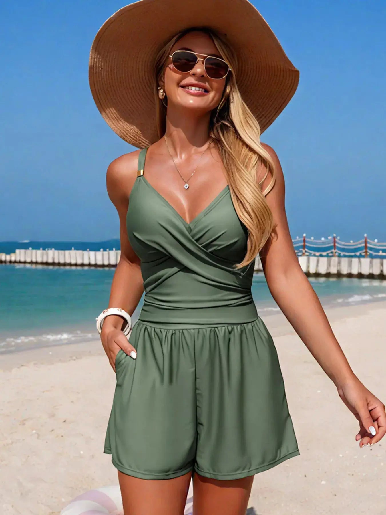 V-Neck Spaghetti Strap One-Piece Swimsuit by Trendsi