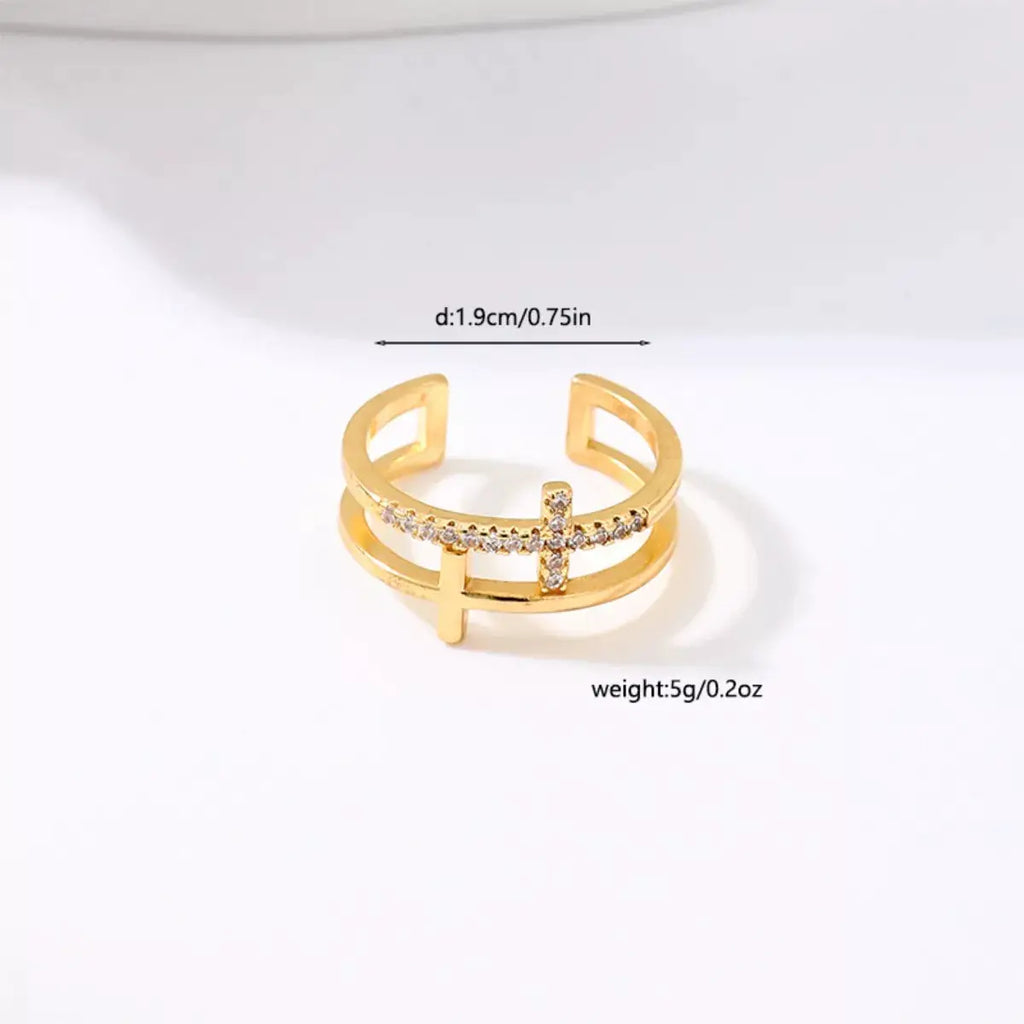 18K Gold-Plated Rhinestone Cross Open Ring by Trendsi