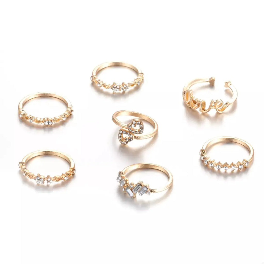 7 Piece 18K Gold-Plated LOVE Zircon Ring Set by Trendsi