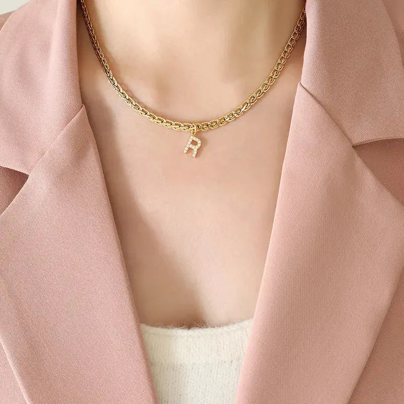 Brass Inlaid Zircon Letter Pendant Necklace by Trendsi