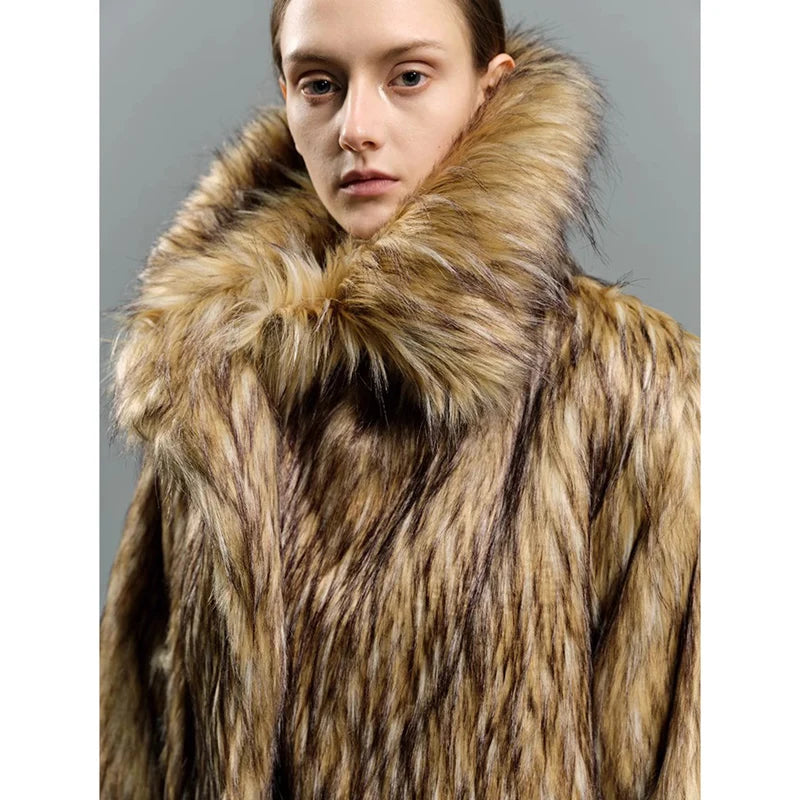 Men and women general purpose big lapel fur coat imitation raccoon fur thickened medium long coat casual warmth
