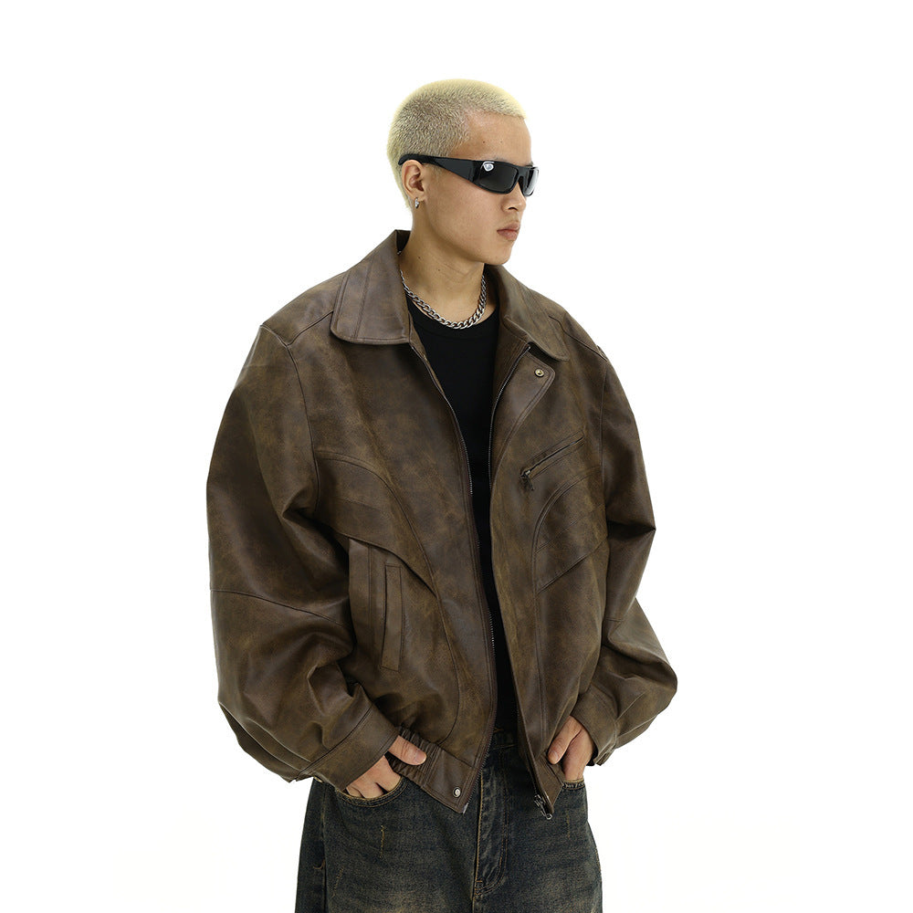 Style Vintage Distressed Leather Jacket for Men, Casual Flip Collar Design, Trendy and Unique Streetwear Coat