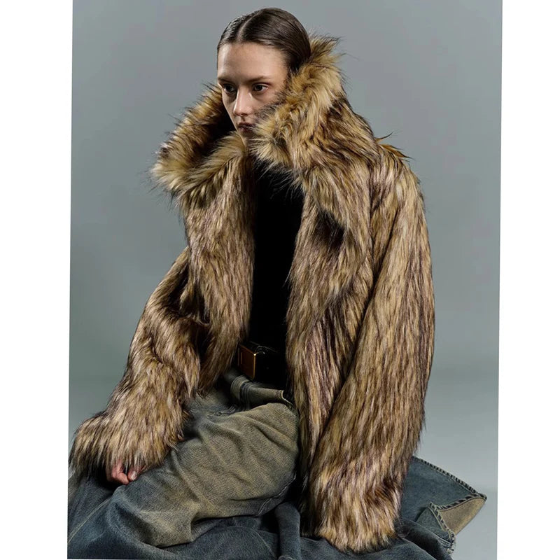 Men and women general purpose big lapel fur coat imitation raccoon fur thickened medium long coat casual warmth