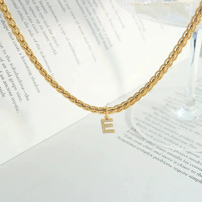 Brass Inlaid Zircon Letter Pendant Necklace by Trendsi