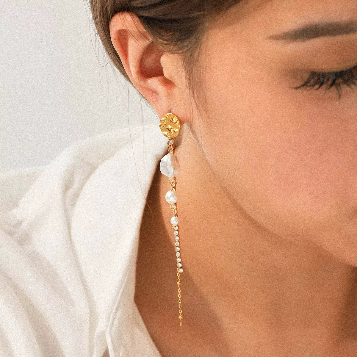 18K Gold-Plated Zircon Pearl Chain Earrings by Trendsi