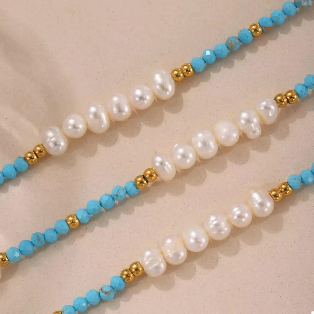 Turquoise Pearl Beaded Necklace by Trendsi