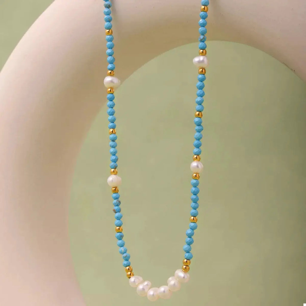 Turquoise Pearl Beaded Necklace by Trendsi