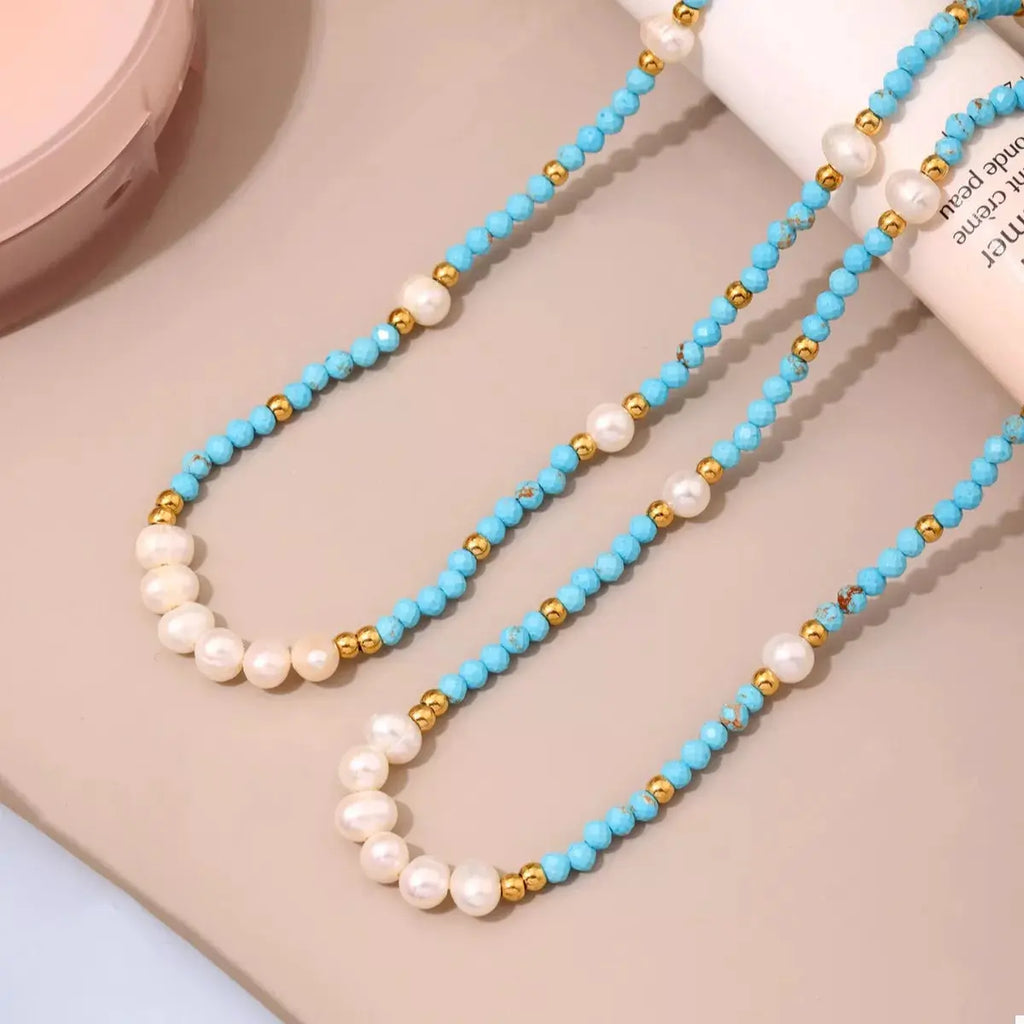 Turquoise Pearl Beaded Necklace by Trendsi