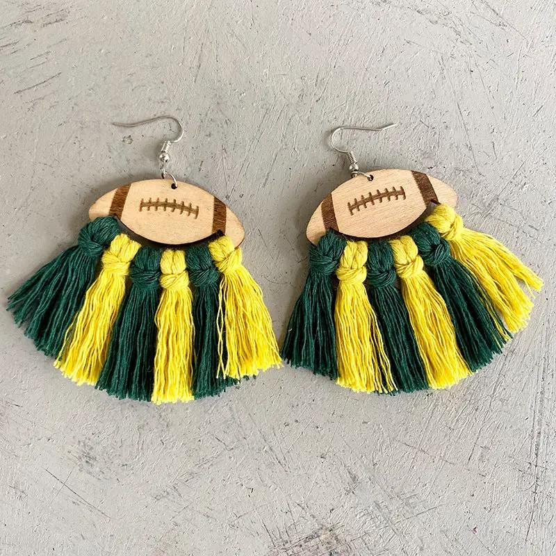 Fringe Detail Football Shape Wooden Dangle Earrings by Trendsi