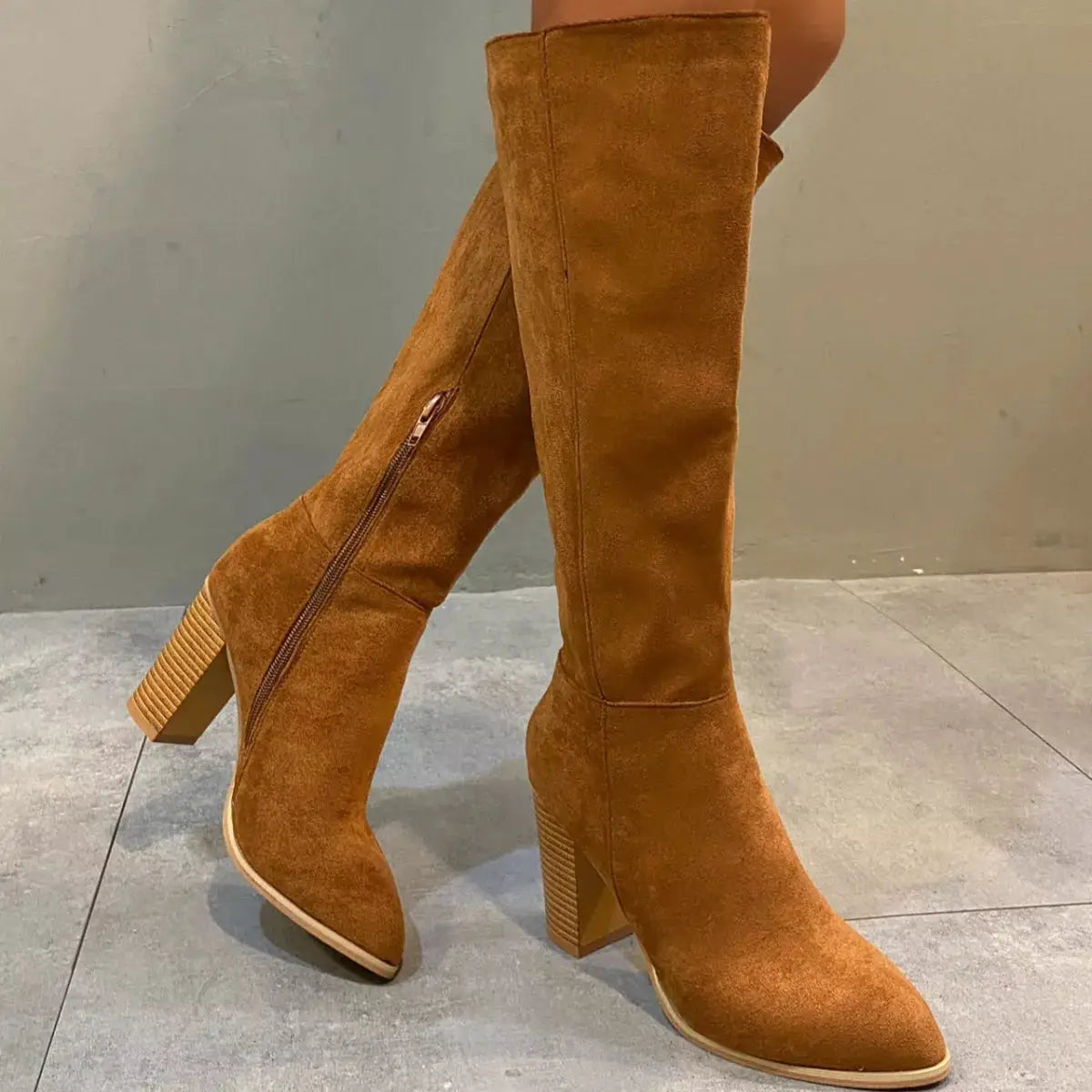 Point Toe Block Heels Boots by Trendsi