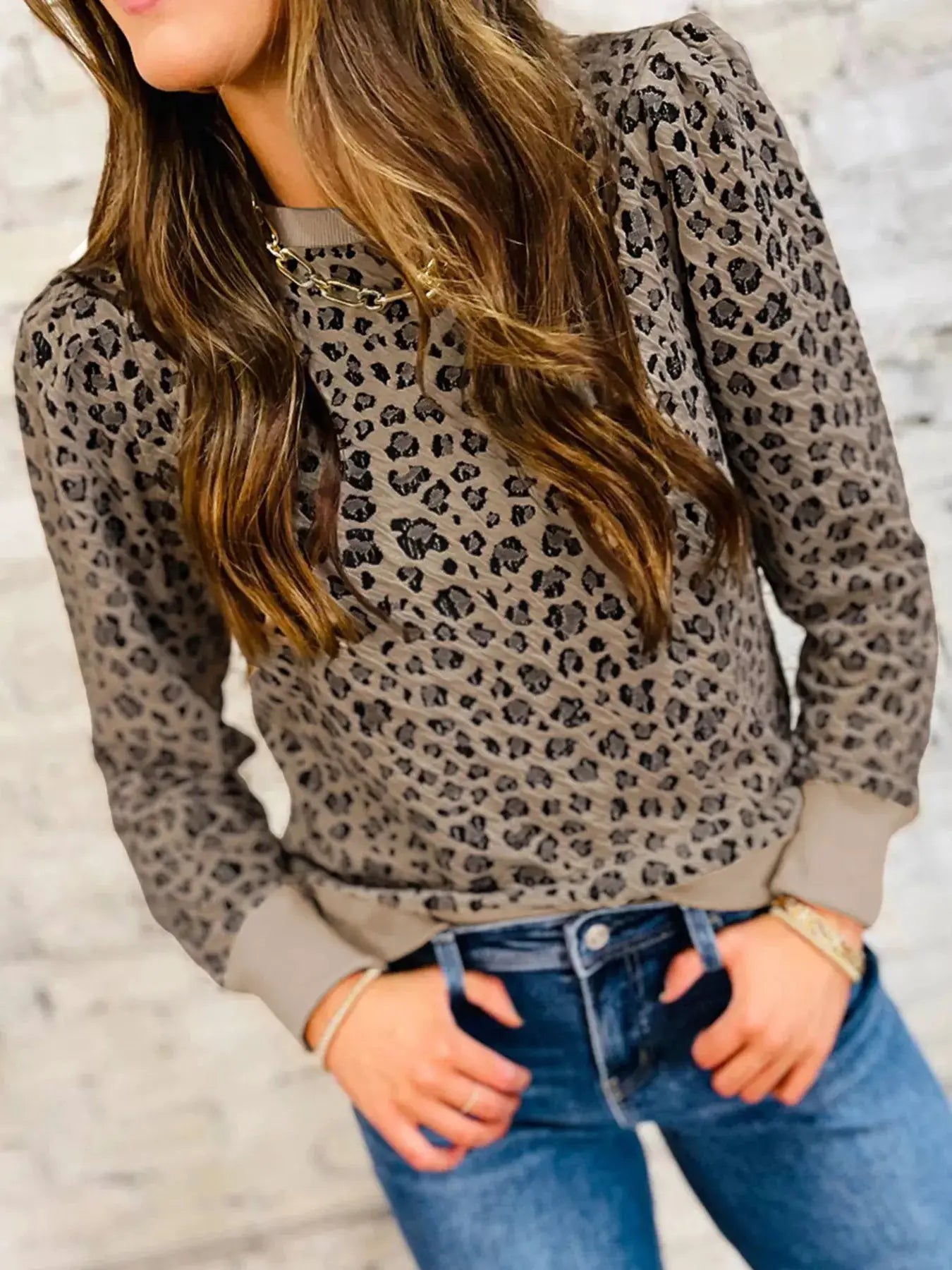 Ribbed Trim Leopard Print Long Sleeve Top by Trendsi