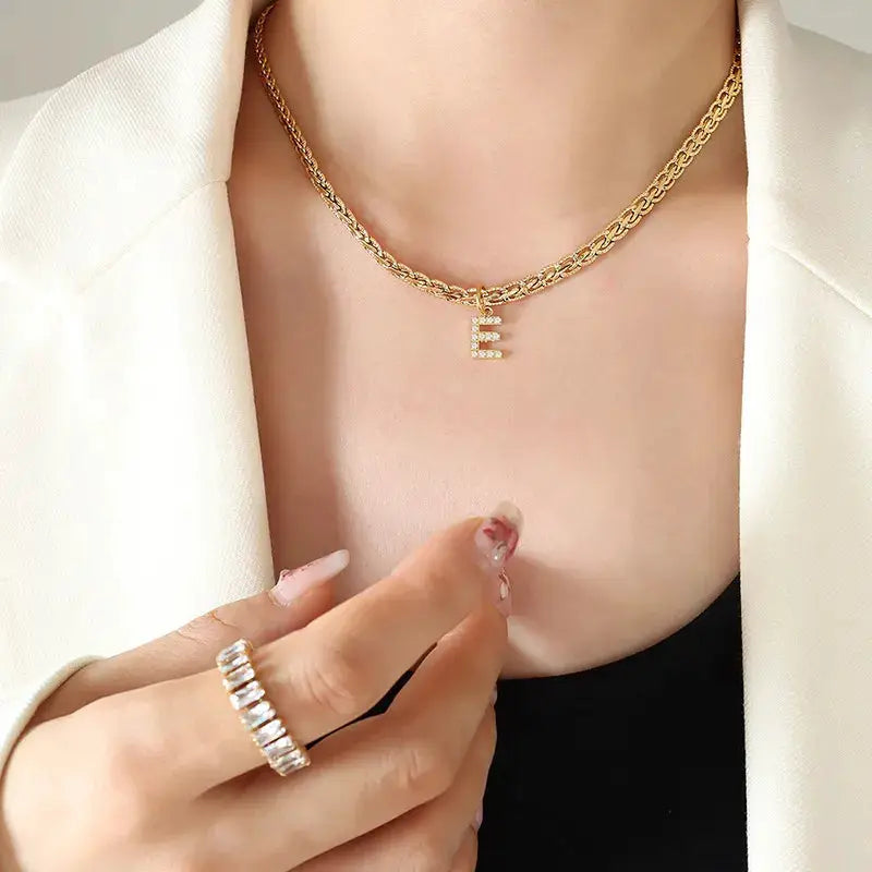 Brass Inlaid Zircon Letter Pendant Necklace by Trendsi