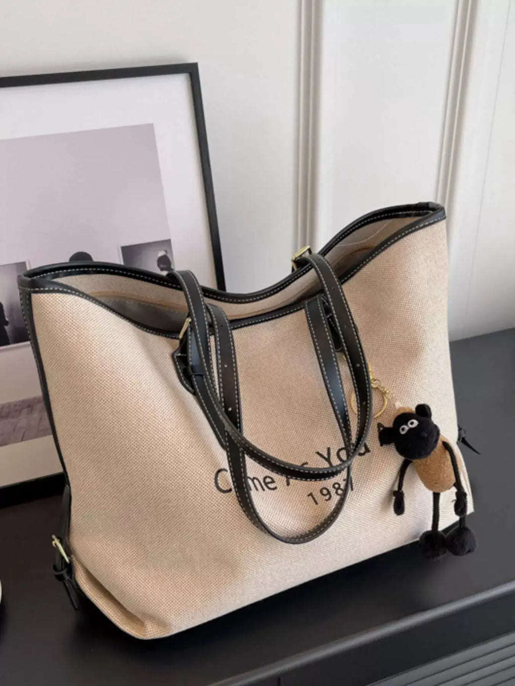 Canvas Tote Shoulder Bag with Charm by Trendsi