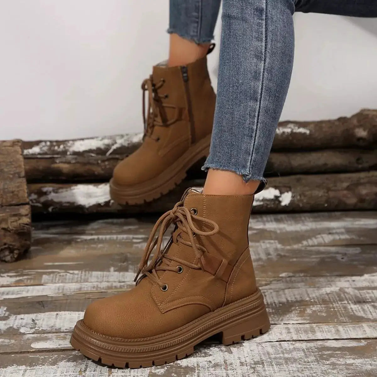 Round Toe Lace Up Platform Boots by Trendsi