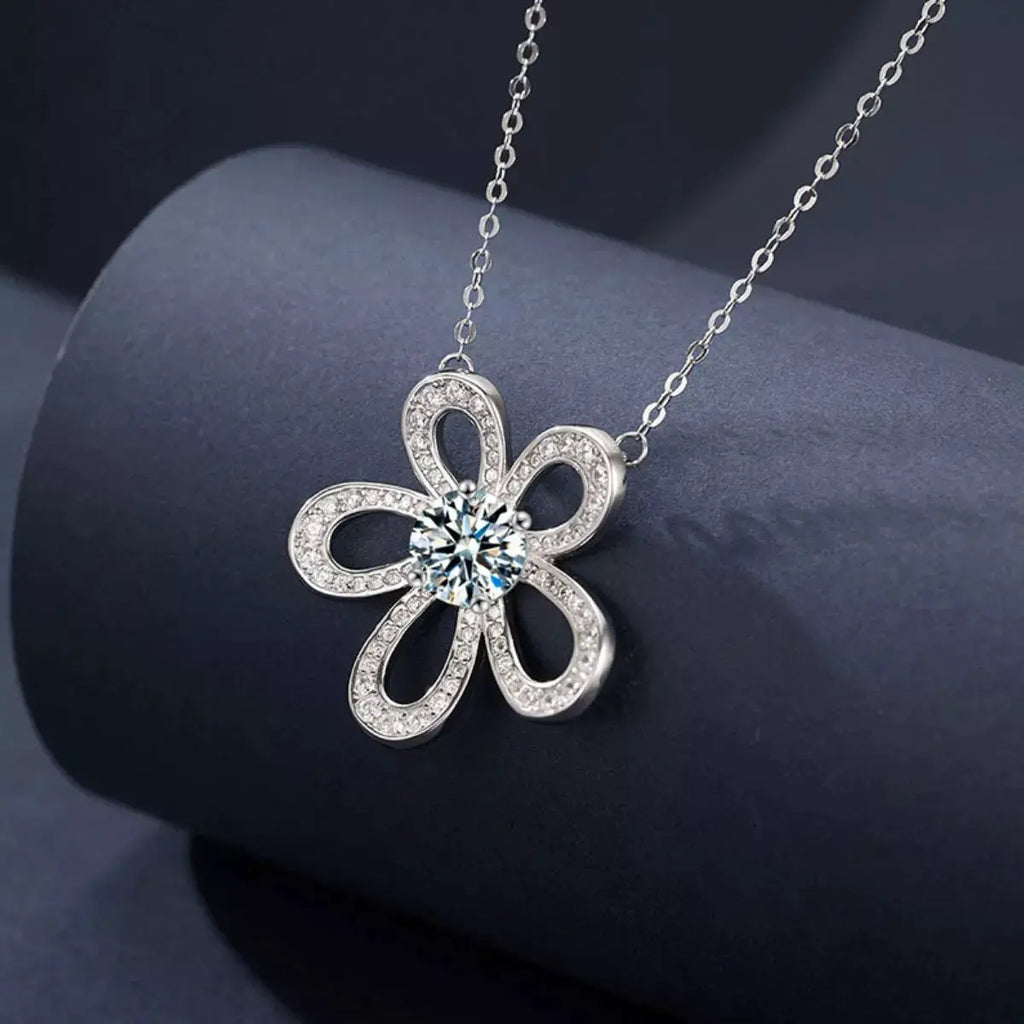 1 Carat Moissanite 925 Sterling Silver Flower Pendant Necklace by Trendsi