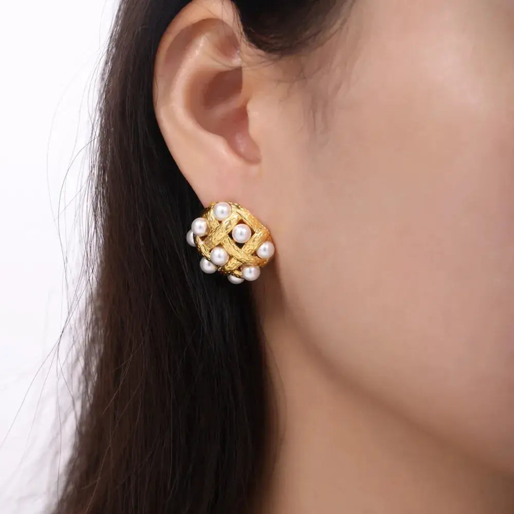 Copper Shell Pearl Stud Earrings by Trendsi