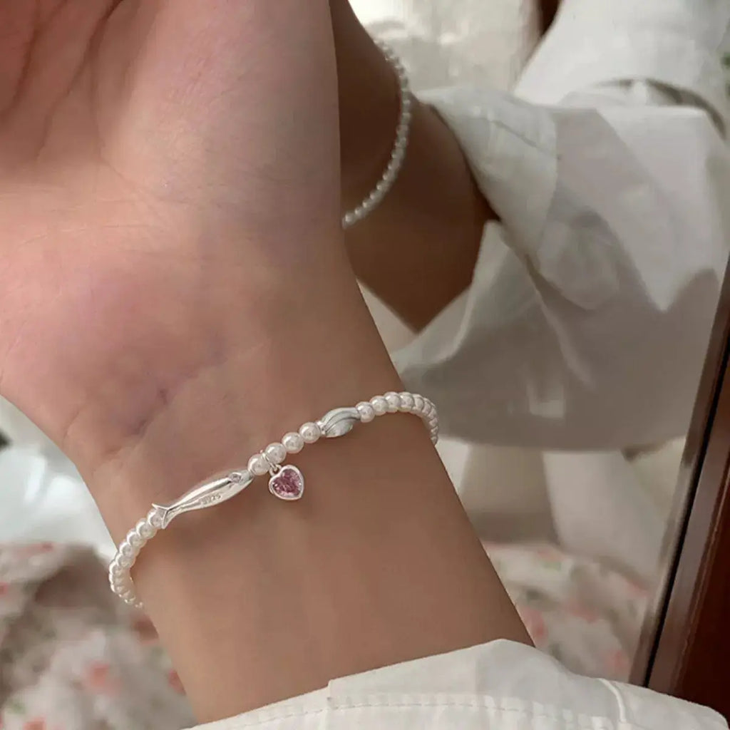 Pearl Fish Bracelet with Heart Charm by Trendsi