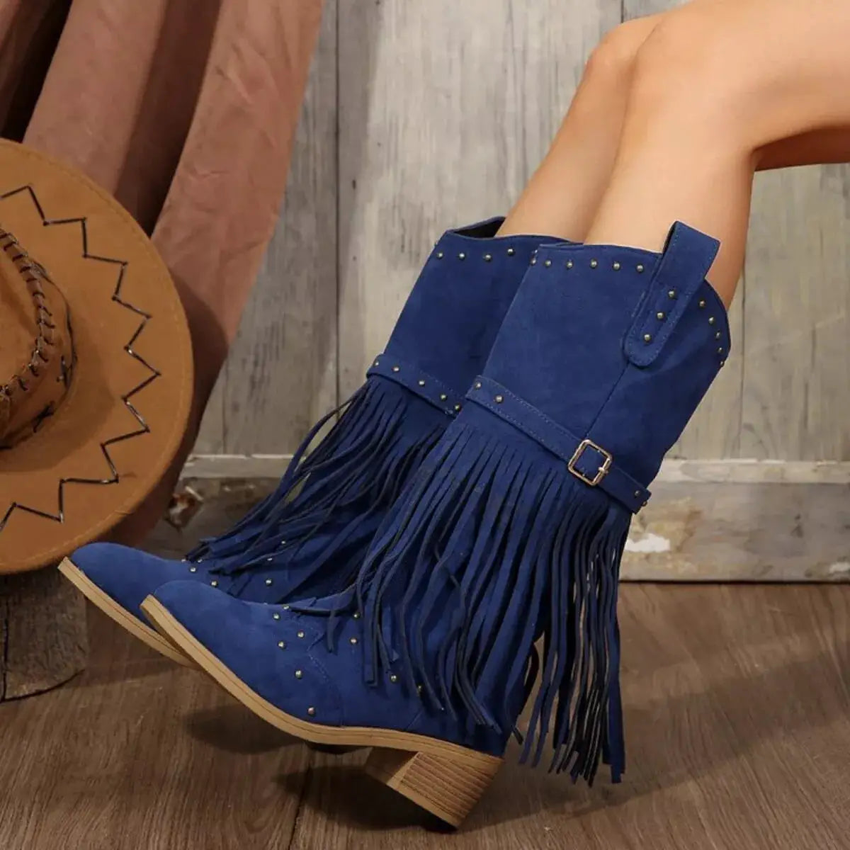 Fringe Point Toe Block Heels Boots by Trendsi