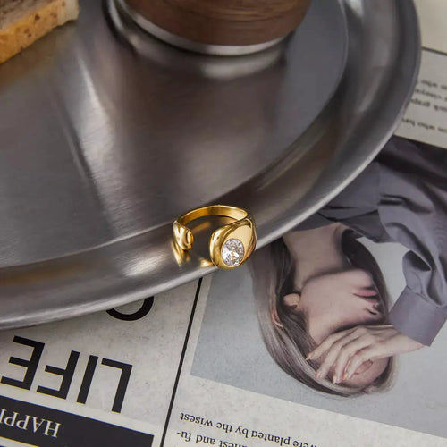 18K Gold-Plated Rhinestone Open Ring by Trendsi