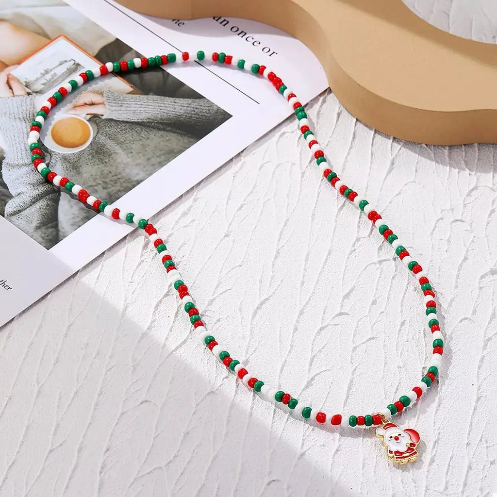 Christmas Beaded Necklace with Santa Charm by Trendsi