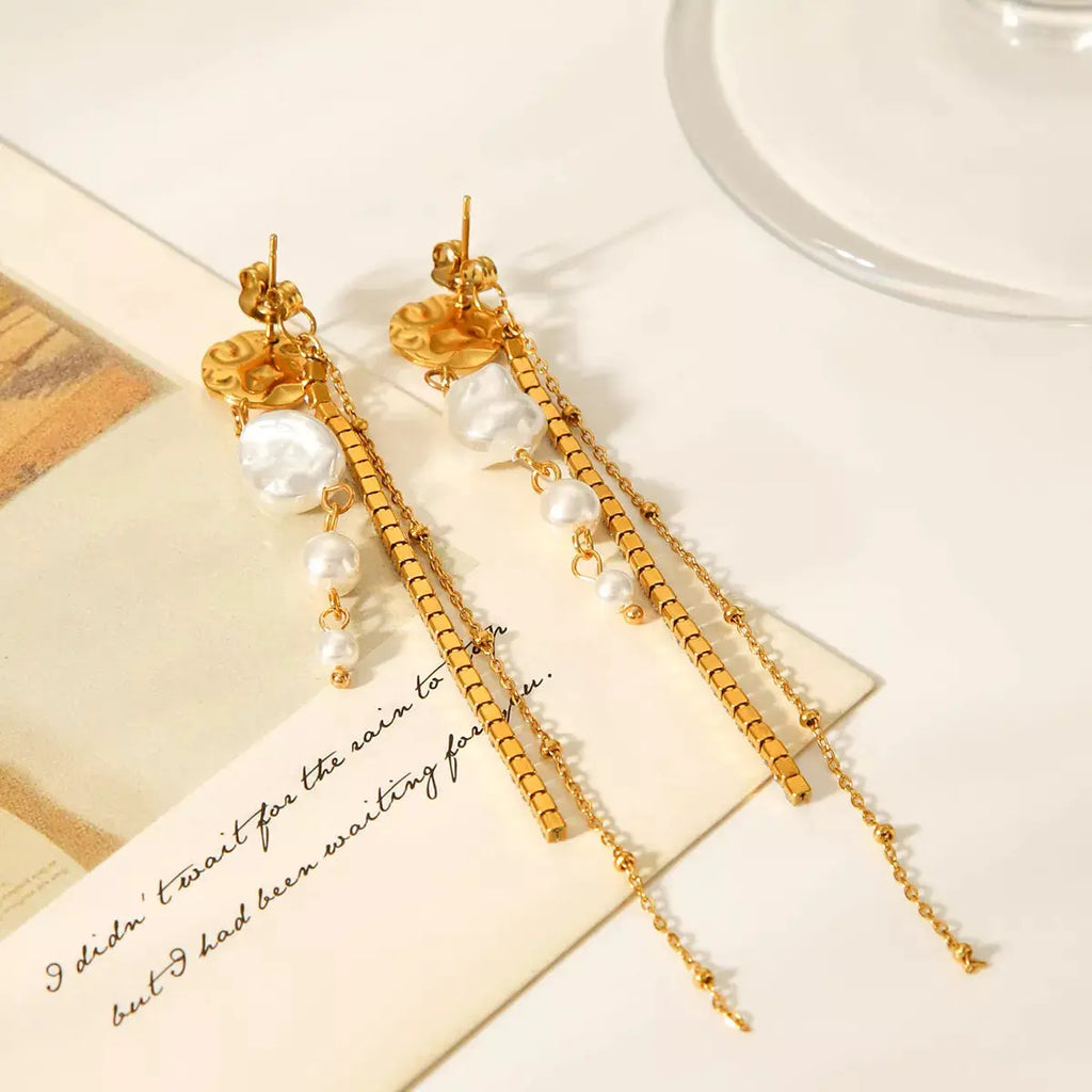 18K Gold-Plated Zircon Pearl Chain Earrings by Trendsi