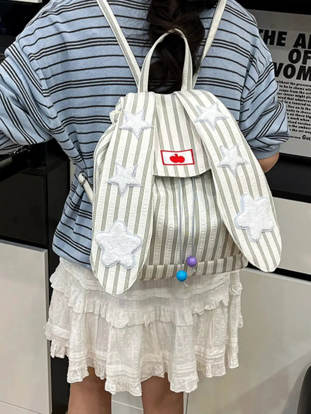 Striped Star Bunny Ear Backpack Bag by Trendsi