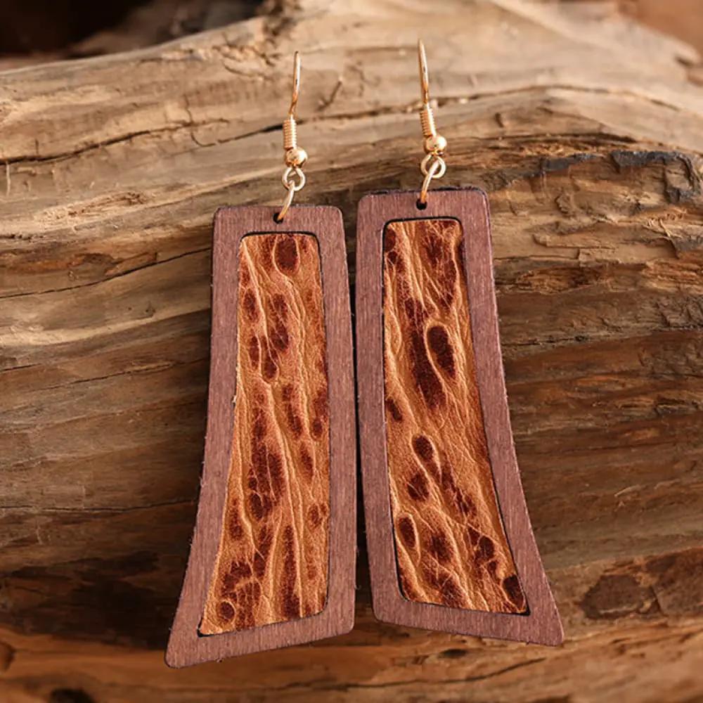 Geometrical Shape Wooden Dangle Earrings by Trendsi
